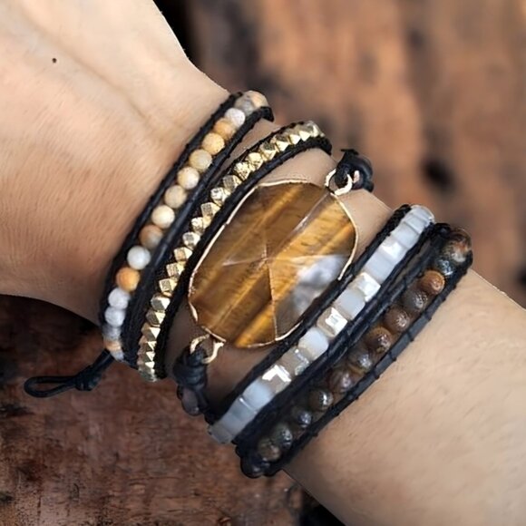 ποΈBoho Chic Tiger's Eye 5-Wrap Trendy Bracelet β Adjustable & Handmade π - Picture 4 of 13